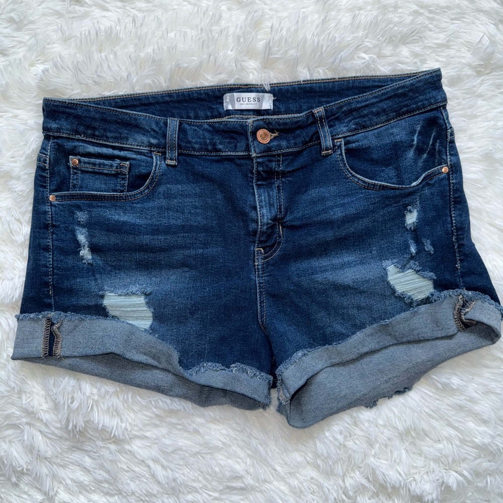 Guess | Blue Jean Shorts with Distressed Cuffed Hem | Size 31
